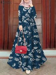 ZANZEA Muslim Fashion Party Elegant Sundress Floral Printed Dress Abaya Kaftan Women O-Neck Long Sleeve Dresses Kaftan Tunic