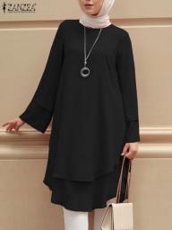 Women Long Sleeve Solid Muslim Shirt ZANZEA 2023 Spring Elegant Abaya Ruffles Casual Loose Blouse Fashion Turkey Abaya Hijab Top