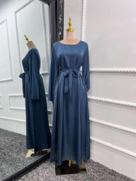 Satin Abaya Dubai Turkey Muslim Fashion Hijab Dress Plain Closed Belted Abayas For Women African Islam Modest Clothing Kaftan