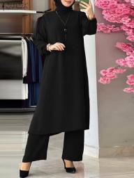 ZANZEA Vintage Stylish Casual Suit Solid Color Muslim Matching Sets Long Sleeve Blouse Loose Pant Abaya Hijab Islamic Clothing