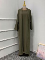 Ramadan Eid Djellaba Suits Abaya Dubai Two Pieces Muslim Sets Dress Abaya Dubai Turkey Muslim Islam Abayas With Belt WY604