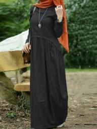 2023 ZANZEA Fashion Vintage Party Sundress Women Muslim Dress Solid Color Abaya Robe Spring Long Sleeve Denim Blue Maxi Dresses