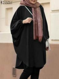 ZANZEA Fashion Solid Loose Women Shirt Spring Long Batwing Sleeve Muslim Blouse Dubai Turkey Abaya Hijab Tops Blusas Oversize