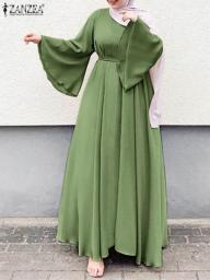 Women Lerisure Muslim Long Dress Oversized Vestidos ZANZEA 2023 Summer Spring Flare Sleeved Soild Female Turkish Robe Abaya