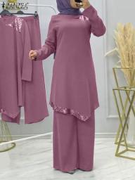 2023 ZANZEA Turkey Ramadan Muslim Set Women Fashion Long Sleeve Bead Splicing Blouse Wide Leg Pant Vintage Casual Elegant Suit