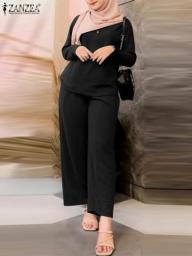 2023 ZANZEA Fashion Women Solid Long Sleeve Blouse Trousers Suits Casual Muslim Ramadan Turkey Sets 2pcs  Matching Sets Outifits