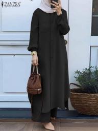 Muslim Women Tracksuits Turkey Abaya Set Elegant Long Shirt And Wide Leg Pants Suits ZANZEA Eid Abayas Outfits Isamic Clothing