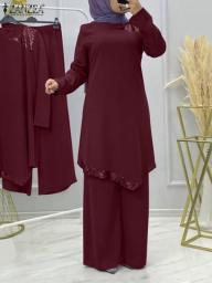 ZANZEA Women 2PCS Vintage Sequin Long Sleeve Blouse Pants Suits Fashion Dubai Turkey Islamic Cloth Ramadan Muslim Matching Sets