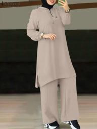 2023 ZANZEA Spring Two Piece Sets Women Sets Fashion Tracksuits Causal Wide Leg Pants Suit Muslim Blouse Turkish Isamic Outifts
