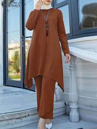 ZANZEA Women Matching Set Vintage Muslim Sets Long Sleeve Blouse Pant Sets Casual Solid Dubai Turkey Abaya Islamic Clothing