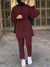 2PCS Women Muslim Sets ZANZEA Casual Dubai Outfits Islamic Clothes Elegant Long Sleeve Blouse Pants Sets Solid Urban Tracksuit
