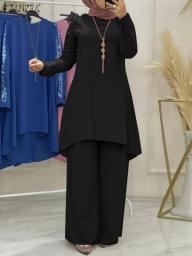 ZANZEA Fashion Muslim Sets Turkey Dubai Abaya Long Sleeve Blouse Set Casual Pants Suits Islamic Clothing Women Two Piece Set