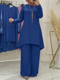 Eid Women Outifts Turkey Abaya Islamic Clothing ZANZEA Long Sleeve Blouse Set Casual Pants Suits Muslim Fashion Matching Sets