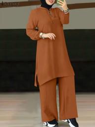 2023 ZANZEA Women Party Muslim Set Long Sleeve O-Neck Blouse Wide Leg Pant Female Casual Elegant Vintage 2PCS Suit Abaya Kaftan