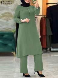 Fashion Women Muslim Sets 2PCS ZANZEA Loose Ramadan Tracksuit Islamic Clothing Casual Long Sleeve Blouse Wide Leg Pant Suits