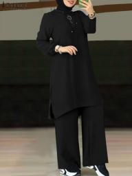 2023 ZANZEA Spring Women Tracksuits Turkey Dubai Abaya Causal Pants Suit Muslim Blouse Set Fashion Matching Set Isamic Clothing