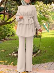2PCS Women Fashion Muslim Sets Elegant Long Sleeve Ruffles Blouse Pant Sets ZANZEA Casual Ramadan Turkey Outifits Trouser Suits