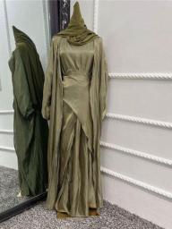 Ramadan Eid Satin 3 Piece Abaya Set Women Muslim Sets Dubai Arabic Turkey Islam Muslim Dress Kimono Ensemble Femme Musulmane