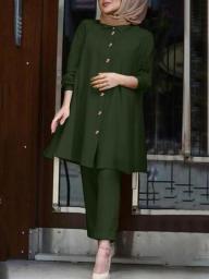 Women Summer Muslim Sets 2PCS Lapel Solid Color Full Sleeve Blouse Wide Leg Pants Elegant Casual  Modest Clothing