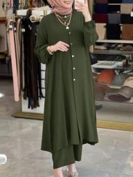 ZANZEA Spring Long Sleeve Solid Long Shirt Trousers Suits Muslim Ramadan Outifits Abaya Urban Tracksuit 2PCS Women Muslim Sets