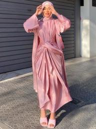 Muslim 2 Piece Abaya Set Wrap Front Long Dress+Kimono Cardigan Islamic Clothing Dubai Turkish Women Modest Matching Outfits