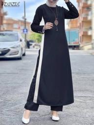 Muslim Fashion Split Pants Sets Dubai Arabic Outfits  Isamic Clothing ZANZEA Turkish Blouse Suits Abayas For Women Matching Sets
