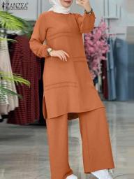 ZANZEA Muslim Two Piece Autumn Sets Elegant Full  Sleeve Blouse Wide Leg Pants Dubai Abaya Turkey Kaftan Women Matching Set