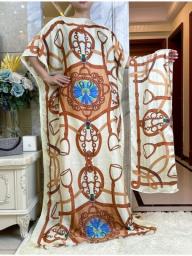 2023New African Summer Short Sleeve  Muslim Abaya Dashiki  Silk Floral Dress Printing Loose Caftan Dresses With Scarf Casual