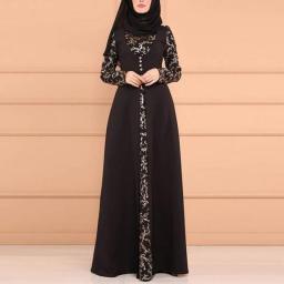 OTEN Plus Size Muslim Women Dresses Abayas Casual Patchwork Button O-Neck Printed Islamic Clothing Elegant Female Robe Vintage