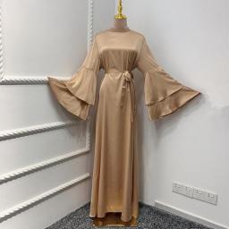 Maxi Dress Muslim Modest Fashion Abaya High Quality Satin Islamic Clothing Solid Color Flare Long Sleeve Women Dropshipping