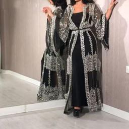 2023 Dubai Muslim Dress Luxury High Class Sequins Embroidery Lace Ramadan Kaftan Islam Kimono Women Black Maxi Dress