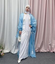 2022 Eid Abaya Dubai Puff Sleeves Muslim Dress Silky Turkey Kaftans For WomenRobe Kimono Islam Abayas Femme Musulmane African