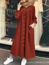 Women's Muslim New Solid Color Long Sleeve Shirt Dress Casual Pocket Robe Abayas For Women Muslim Dress Muslim Dress Open Abaya