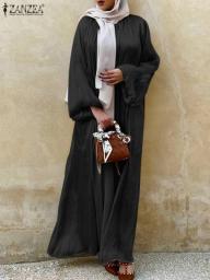 ZANZEA Women Solid Color Islam Clothing Ramadan Abaya Cardigan Vintage Holiday Dress Elegant Puff Sleeve Casual Muslim Kimono