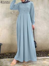 Long Sleeve O-Neck Button Cuffs Islamic Kaftan Robe ZANZEA Spring Women Muslim Islam Solid Dress Elegant Casual Loose Sundress