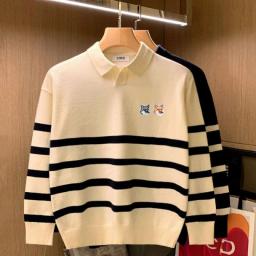 Men Long Sleeve Knitting Shirt Brand Double Fox Embroidered Tops Spring Summer Quality Lapel Stripe Casual Fashion Clothing