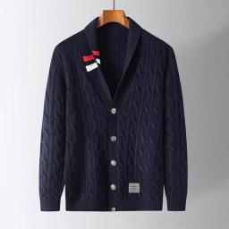 Mens Cardigan Luxury TB Fashion Brand Thom Sweaters Thickened Warm V-Neck Striped Clothing Casual Male Street Fashion Coat