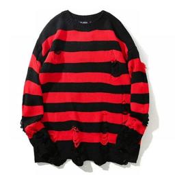 Black Stripe Sweaters Destroyed Ripped Sweater Men Pullover Hole Knit Jumpers Men Oversized Sweatshirt Harajuku Long Sleeve Tops