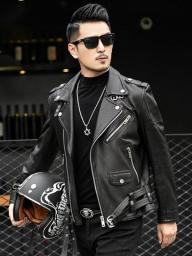 Mauroicardi Spring Autumn Short Cool Black Leather Biker Jacket Men Zipper Long Sleeve Belt Plus Size European Fashion 4xl 5xl