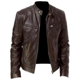 Motorcycle Jacket Mens Slim Fit Short-Coat Collar PU Jackets Winter Autumn Zipper Stand Windproof Leather Coat