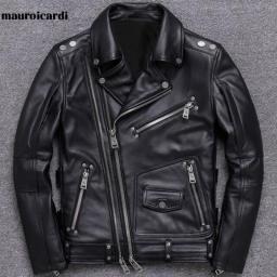 Mauroicardi Spring Black Pu Leather Motorcycle Jacket For Men Style Long Sleeve Zipper Pockets Mens Leather Jackets And Coats