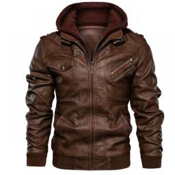 Men Hooded Leather Jackets Slim Casual Leather Coats New Fashion Male Street Wear Motorcycle Leather Jackets Hat Detachable 5XL