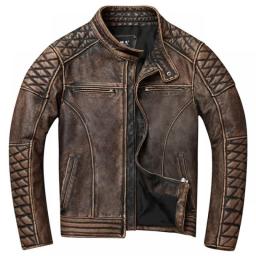 Vintage Men Leather Jacket Thick 100Percent Genuine Cowhide Biker Jacket  Slim Fit Men Motorcycle Coat Autumn ASIAN SIZE S-5XL M419