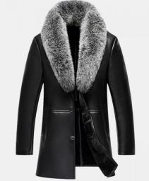 Autumn Winter New Real Fox Fur Collar V-Neck Men Long Style Sheep Leather Male Fur Solid Color Outerwear Coat Thick Warm Parkas