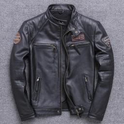 Fashion Biker Jackets Vintage Men's Genuine Leather Jacket Slim 100Percent Natural Cowhide Coat Real Leather Motorcycle Biker Clothing