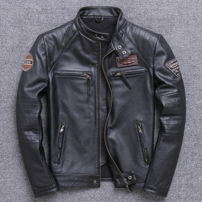 Fashion Biker Jackets Vintage Men's Genuine Leather Jacket Slim 100% Natural Cowhide Coat Real Leather Motorcycle Biker Clothing