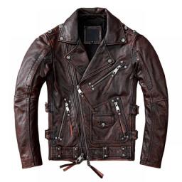 Vintage Brown Motorcycle Leather Jacket Men Natural Genuine Cowhide Jackets Autumn Slim Fit Biker's Ooblique Zipper Coat