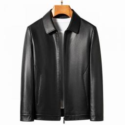 YN-2335 Spring And Autumn Men's Genuine Leather Polo Mock Neck Jacket Fashion Slim Sheepskin Coat Black Grey Husband Gift Youth