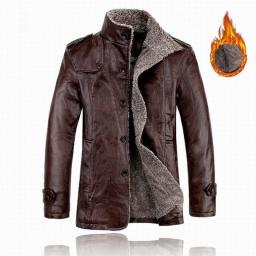 Mens Winter Warm PU Leather Fleece Fur Lined Trench Coat Jacket Thicken Overcoat Integrated Plush And Thickening Of Fur