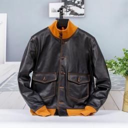 Free Shipping.CC.100Percent Genuine Leather Men Jacket.Plus Size Cowhide Bomber Cowhide Coat.Classic Vintage Leather Cloth.natural